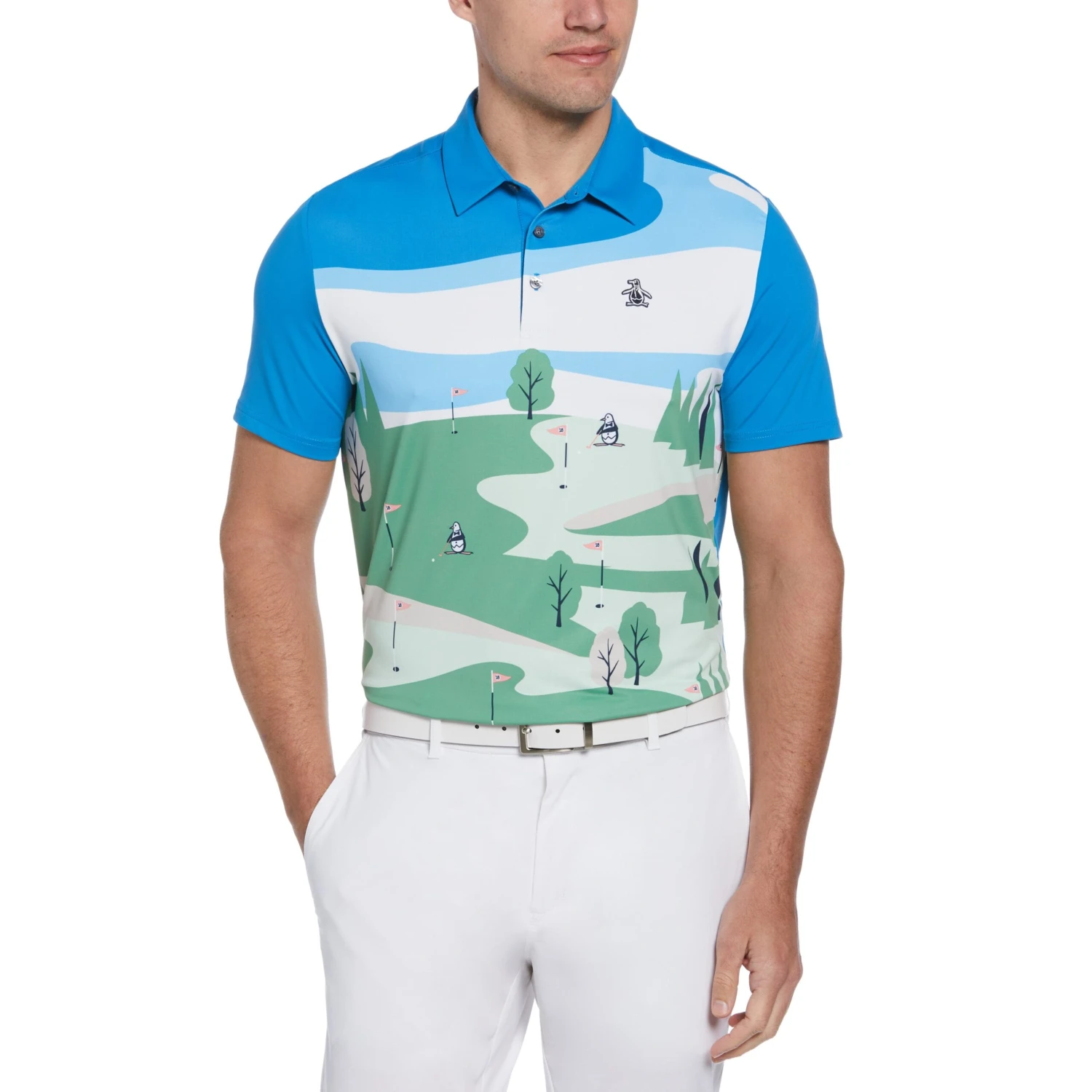 "Pete On The Course" Novelty Print Golf Polo Original Penguin "Pete On The Course" Novelty Print Golf Polo -Original Penguin Shop Pete On The Course Novelty Print Golf Polo Mediterranian Blue Original Penguin scaled